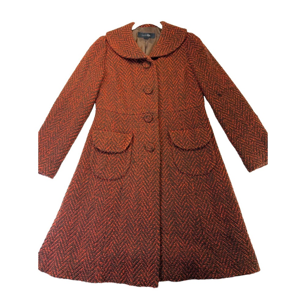 Women's Tweed Orange Brown Wool Blend Herringbone Trench Coat Small/Medium